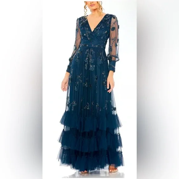 NWT Mac Duggal Mesh Long Sleeve V-Neck Tiered A Line Gown Size 16 Navy Twilight - Picture 1 of 8